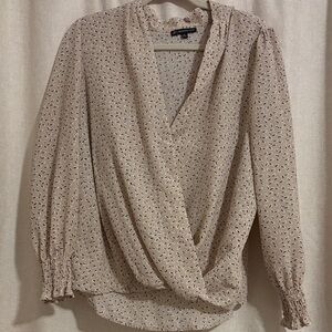 Adrianna Papell Beige Patterned Wrap Blouse with ruffle sleeves